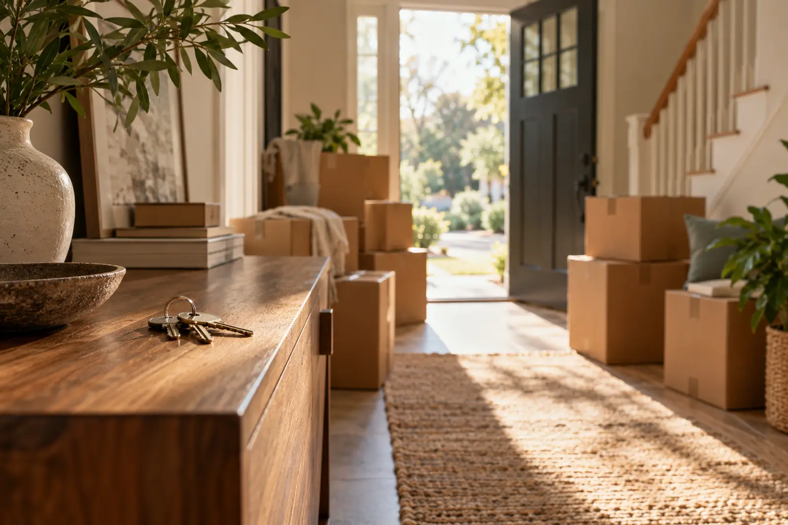A sunlit front entryway on moving day, with packed boxes and a ring of house keys