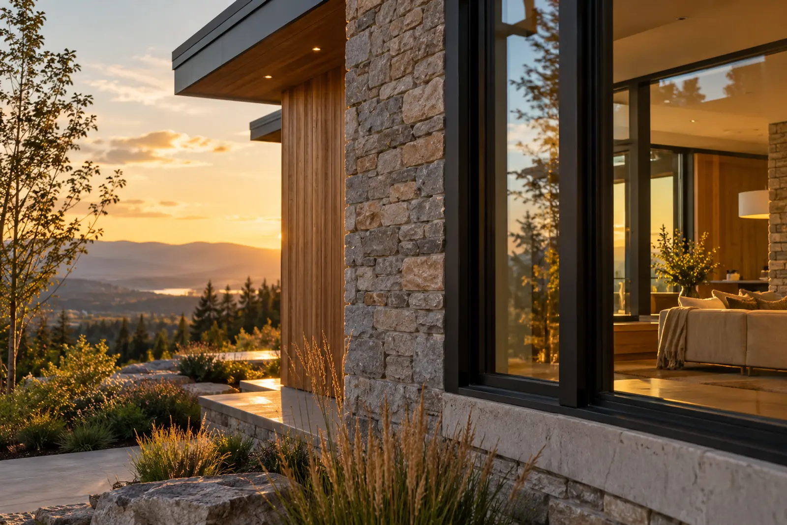 Stone and cedar siding and a large window glowing warmly on a contemporary home at sunset